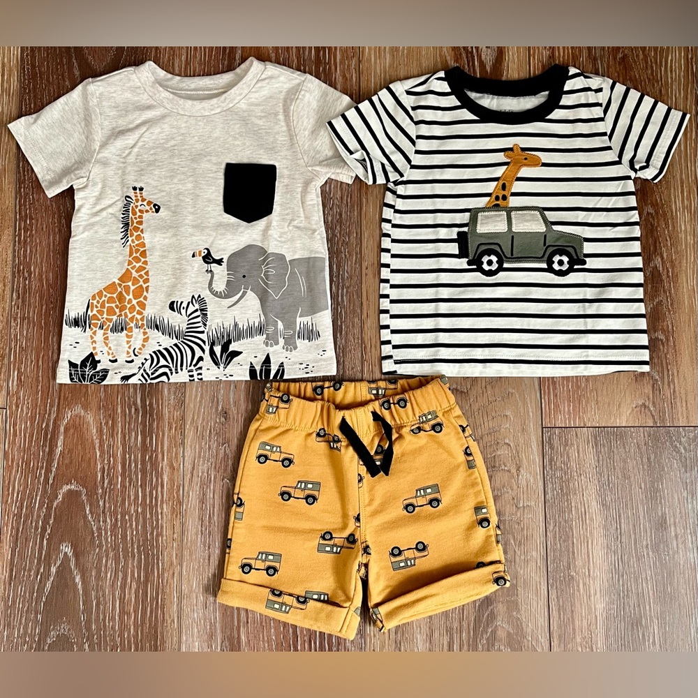 Pekkle Baby Boy Zoo Theme 3 Piece Cotton Stretch Tee & Short Set Size 9 Months
